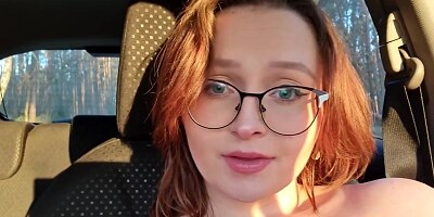 Horny Brunett Plays With Boobs In Car In The Woods