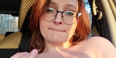 Horny Brunett Plays With Boobs In Car In The Woods