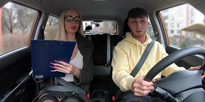 Fake Driving School - Hot Blonde busty MILF takes college age teen on a very special driving test