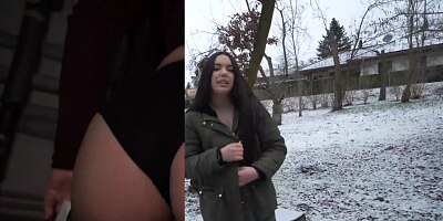 Public Agent Spanish Brunette Flashes Big Natural Tits in the Snow